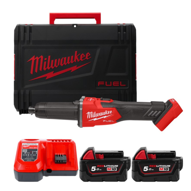 Купити Шліфмашина пряма акумуляторна безщіткова MILWAUKEE, M18 FDGRB-502X, діаметр 6/8мм (зарядний пристрій М12-18 FC, 2 акумулятори М18 В5 5Аг, HDкейс). Офіційний магазин Мілвокі Україна, фірмова гарантія з доставкою по Украіні