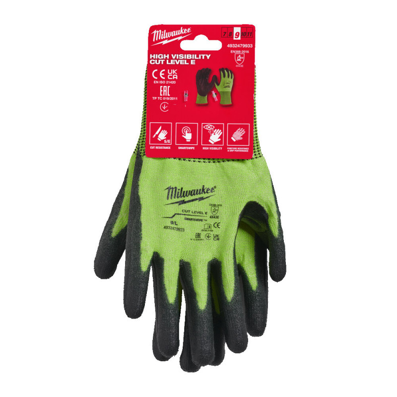 Купити Рукавиці робочі сигнальні Hi-Vis MILWAUKEE, з опором порізам 5/E рівня, розмір 9/L. Офіційний магазин Мілвокі Україна, фірмова гарантія з доставкою по Украіні