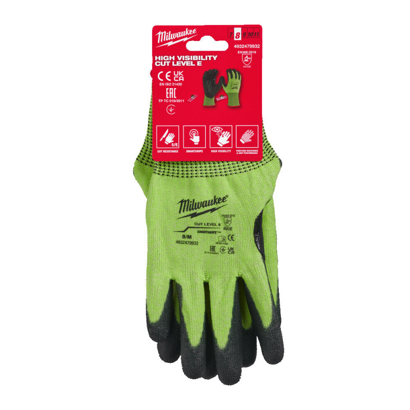 Купити Рукавиці робочі сигнальні Hi-Vis MILWAUKEE, з опором порізам 5/E рівня, розмір 8/M. Офіційний магазин Мілвокі Україна, фірмова гарантія з доставкою по Украіні