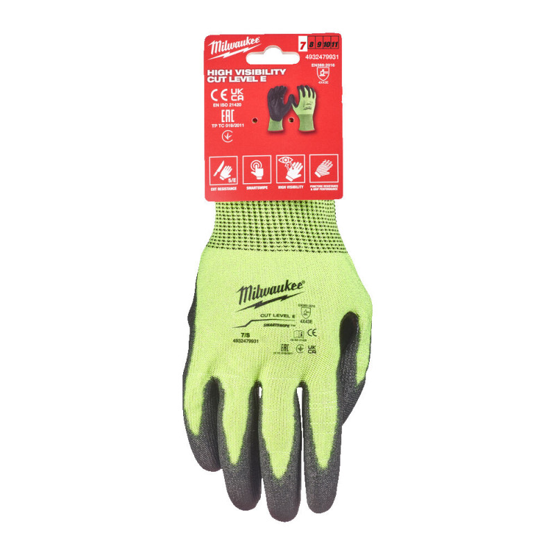 Купити Рукавиці робочі сигнальні Hi-Vis MILWAUKEE, з опором порізам 5/E рівня, розмір 7/S. Офіційний магазин Мілвокі Україна, фірмова гарантія з доставкою по Украіні