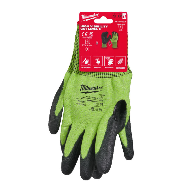 Купити Рукавиці робочі сигнальні Hi-Vis MILWAUKEE, з опором порізам 5/E рівня, розмір 11/XXL. Офіційний магазин Мілвокі Україна, фірмова гарантія з доставкою по Украіні