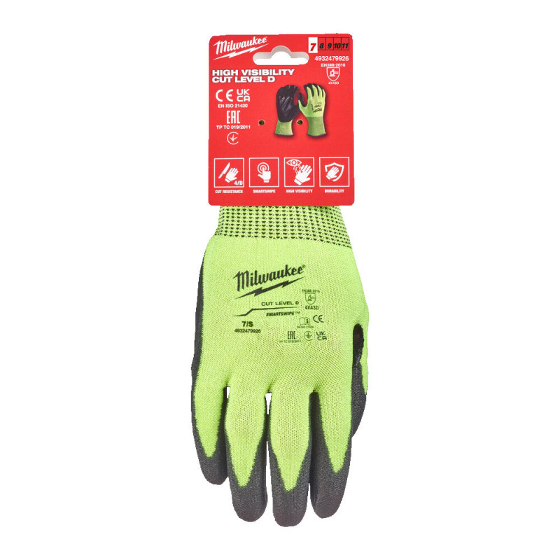 Купити Рукавиці робочі сигнальні Hi-Vis MILWAUKEE, з опором порізам 4/D рівня, розмір 7/S. Офіційний магазин Мілвокі Україна, фірмова гарантія з доставкою по Украіні