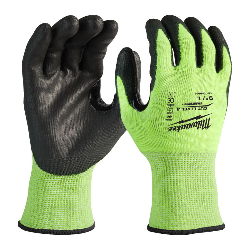 Купити Рукавиці робочі сигнальні Hi-Vis MILWAUKEE, з опором порізам 3/C рівня, розмір 9/L. Офіційний магазин Мілвокі Україна, фірмова гарантія з доставкою по Украіні
