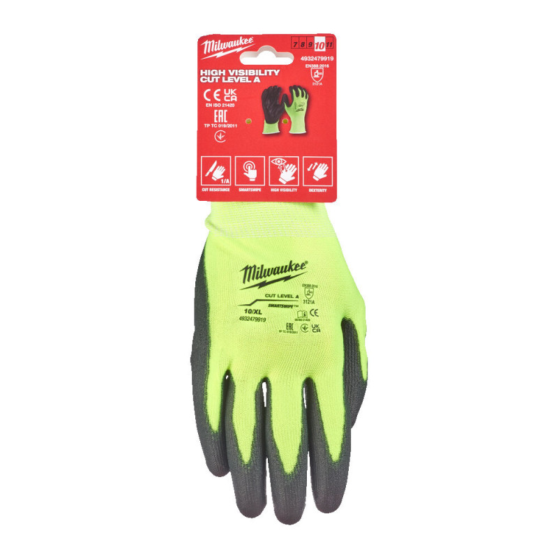 Купити Рукавиці робочі сигнальні Hi-Vis MILWAUKEE, з опором порізам 1/А рівня, розмір 10/XL. Офіційний магазин Мілвокі Україна, фірмова гарантія з доставкою по Украіні