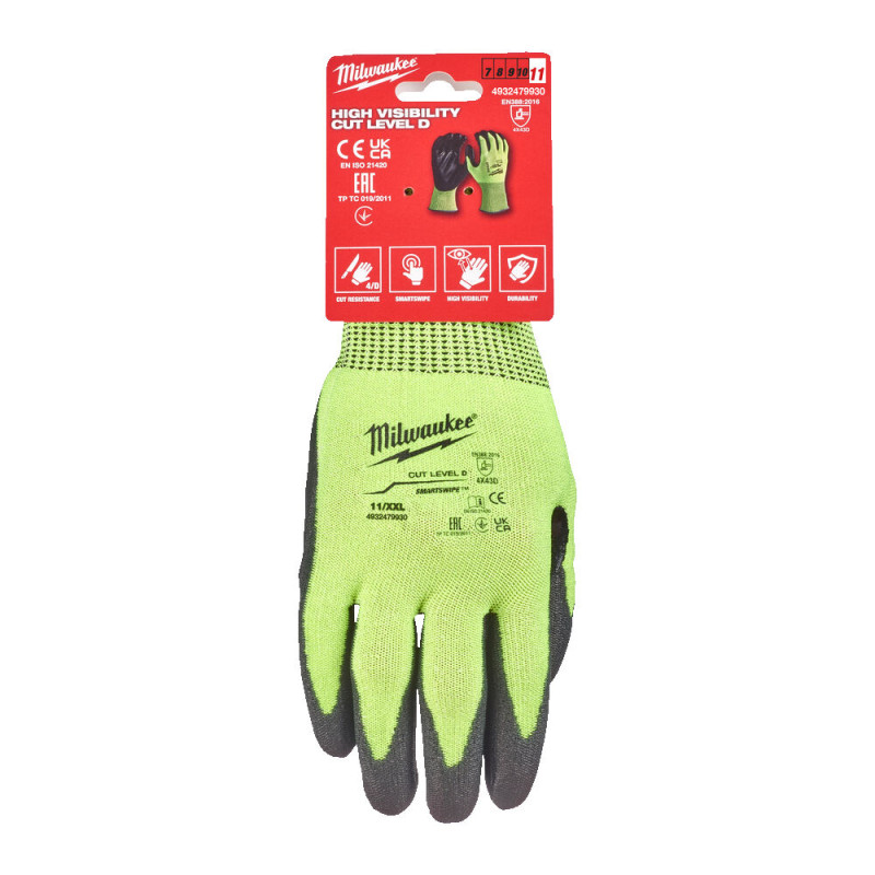 Купити Рукавиці робочі сигнальні Hi-Vis MILWAUKEE, з опором порізам 4/D рівня, розмір 11/XXL. Офіційний магазин Мілвокі Україна, фірмова гарантія з доставкою по Украіні