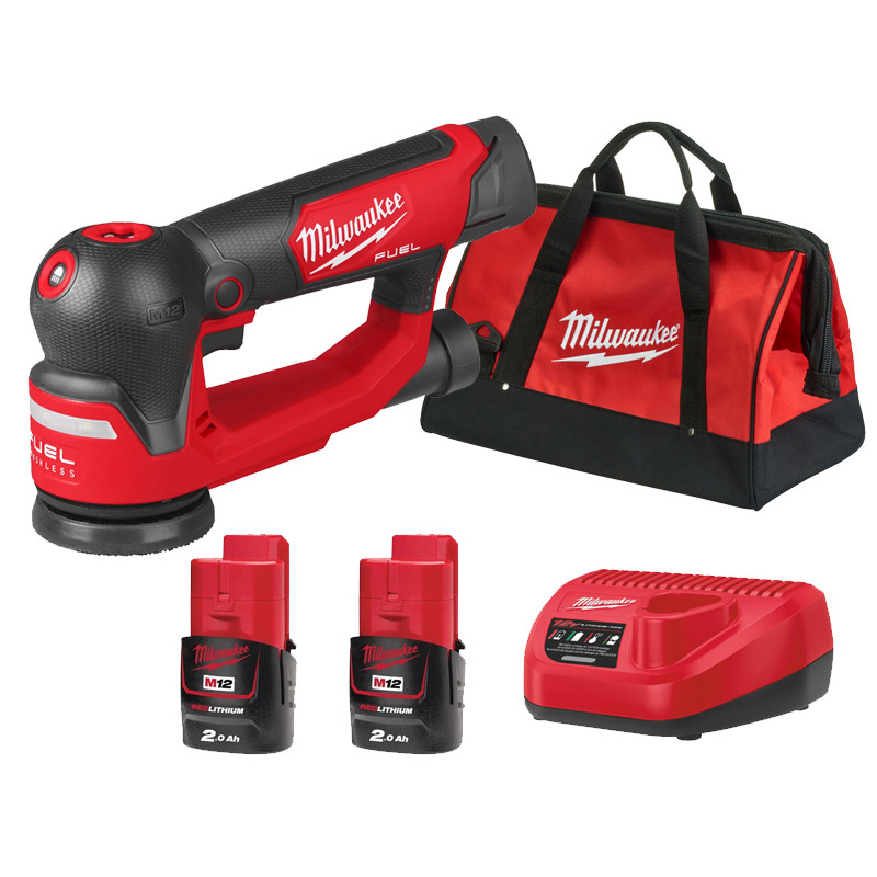 Купити Шліфмашина ексцентрикова акумуляторна безщіткова MILWAUKEE, M12 FSDR75-202B, діаметр 75мм (зарядний пристрій С12 С, 2 акумулятори М12 В2 2Аг, сумка). Офіційний магазин Мілвокі Україна, фірмова гарантія з доставкою по Украіні