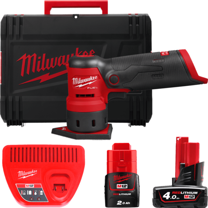 Купити Шліфмашина вібраційна акумуляторна безщіткова MILWAUKEE, M12 FDSS-422X (зарядний пристрій С12 С, 1 акумулятор М12 В2 2Аг, 1 акумулятор М12 В4 4Аг, HDкейс). Офіційний магазин Мілвокі Україна, фірмова гарантія з доставкою по Украіні