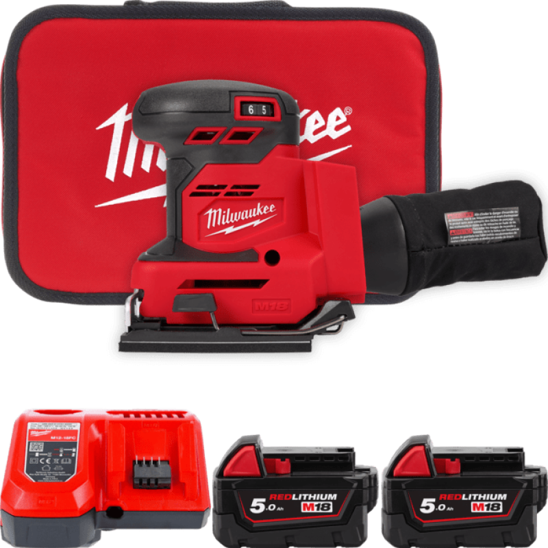 Купити Шліфмашина вібраційна акумуляторна MILWAUKEE, M18 BQSS-502B, 113х104мм (зарядний пристрій М12-18 С, 2 акумулятори М18 В5 5Аг, сумка). Офіційний магазин Мілвокі Україна, фірмова гарантія з доставкою по Украіні
