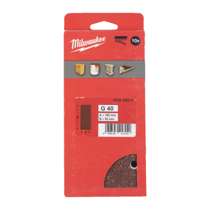 Купити Папір шліфувальний MILWAUKEE, 93x185мм HL, зерно 40, (10шт). Офіційний магазин Мілвокі Україна, фірмова гарантія з доставкою по Украіні