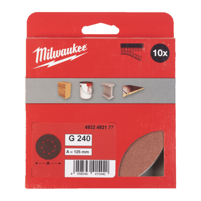 Купити Папір шліфувальний MILWAUKEE діаметр 125/8 HL, зерно 240, (10шт). Офіційний магазин Мілвокі Україна, фірмова гарантія з доставкою по Украіні