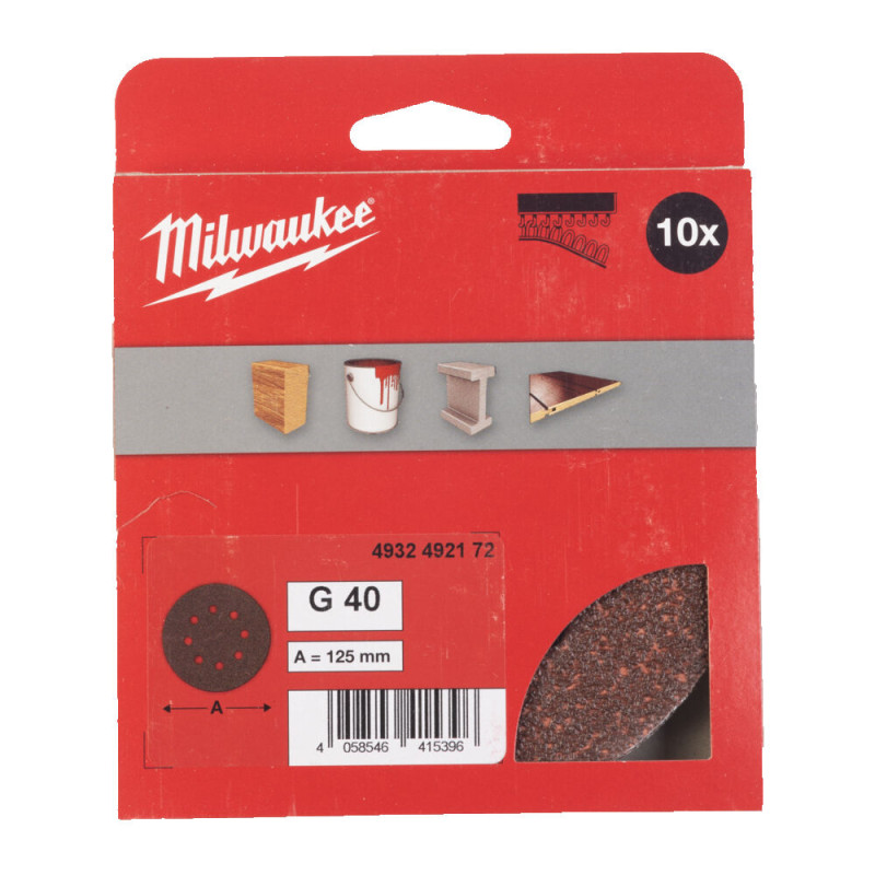 Купити Папір шліфувальний MILWAUKEE діаметр 125/8 HL, зерно 40, (10шт). Офіційний магазин Мілвокі Україна, фірмова гарантія з доставкою по Украіні