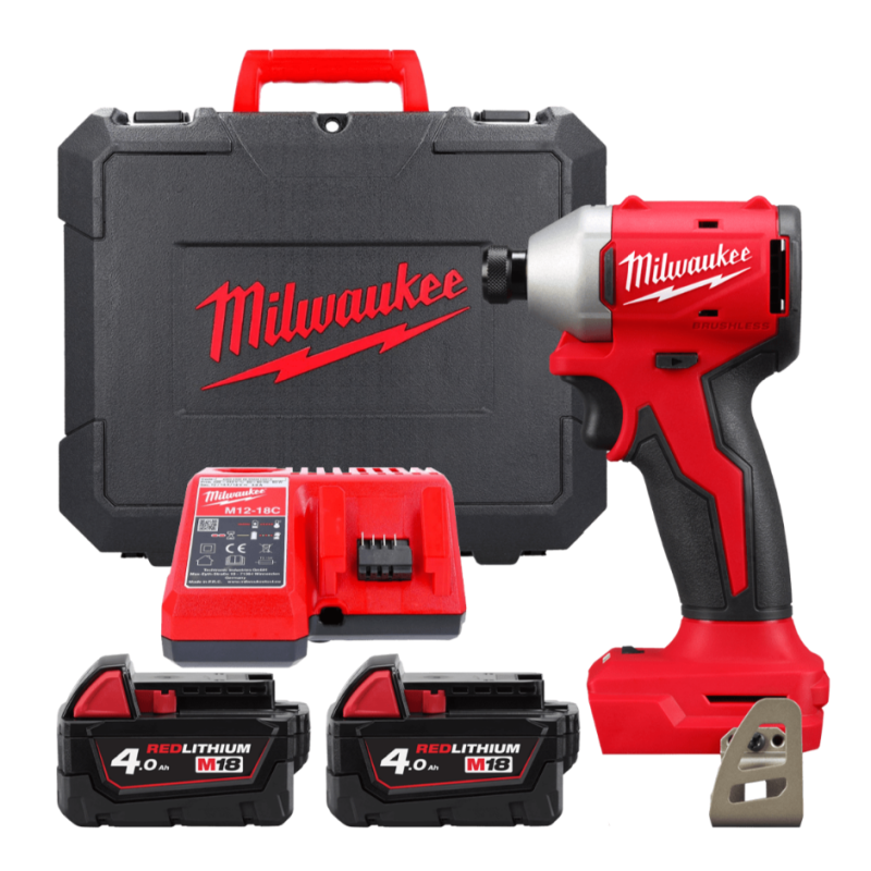 Купити Шуруповерт ударний акумуляторний безщітковий 1/4'' HEX MILWAUKEE, M18 BLIDRC-402C, 190Нм (зарядний пристрій М12-18 С, 2 акумулятори М18 В4 4Аг, кліпса для ременя, кейс). Офіційний магазин Мілвокі Україна, фірмова гарантія з доставкою по Украіні