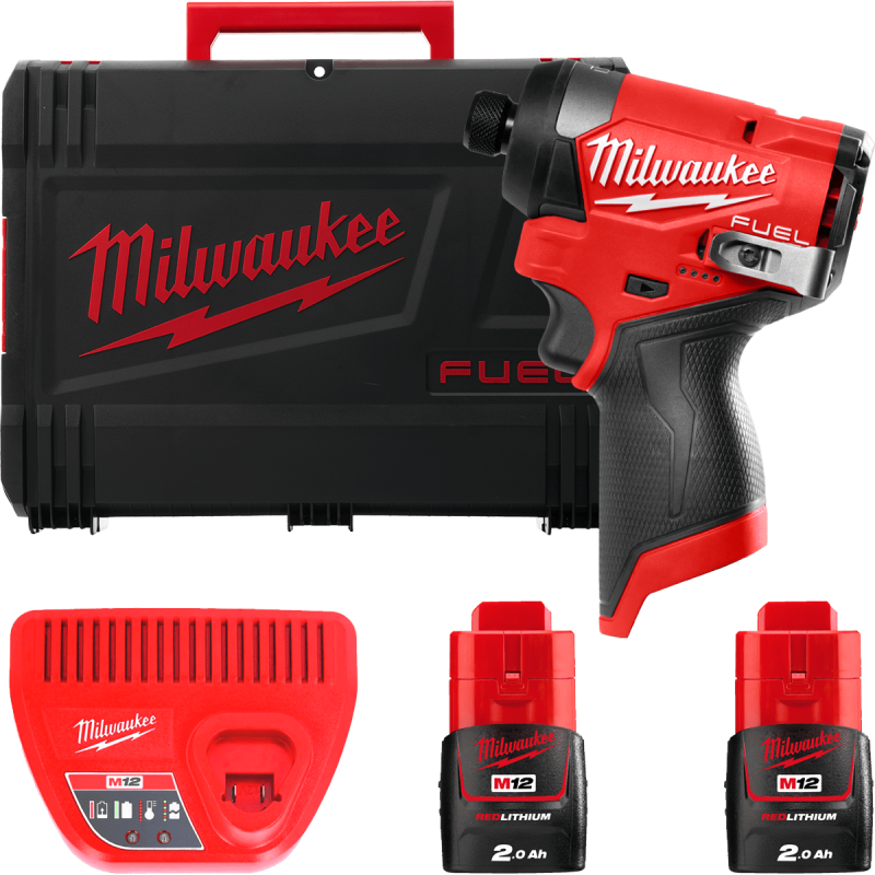 Купити Шуруповерт ударний акумуляторний безщітковий 1/4'' HEX MILWAUKEE, M12 FID2-202Х, 170Нм (зарядний пристрій С12 С, 2 акумулятори М12 В2 2Аг, кліпса для реміня, тримач для біт, HD кейс). Офіційний магазин Мілвокі Україна, фірмова гарантія з доставкою по Украіні