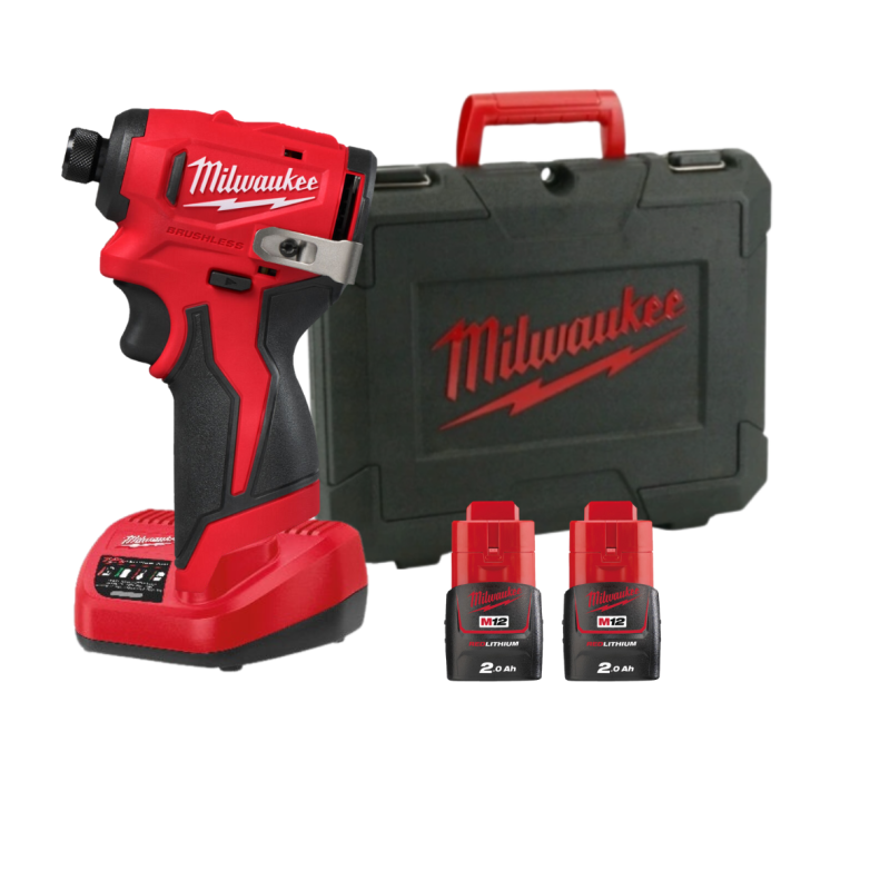 Купити Шуруповерт ударний акумуляторний безщітковий 1/4'' HEX MILWAUKEE, M12 BLIDRC-202C, 124Нм (зарядний пристрій С12 С, 2 акумулятори М12 В2 2Аг, кліпса для реміня, кейс). Офіційний магазин Мілвокі Україна, фірмова гарантія з доставкою по Украіні