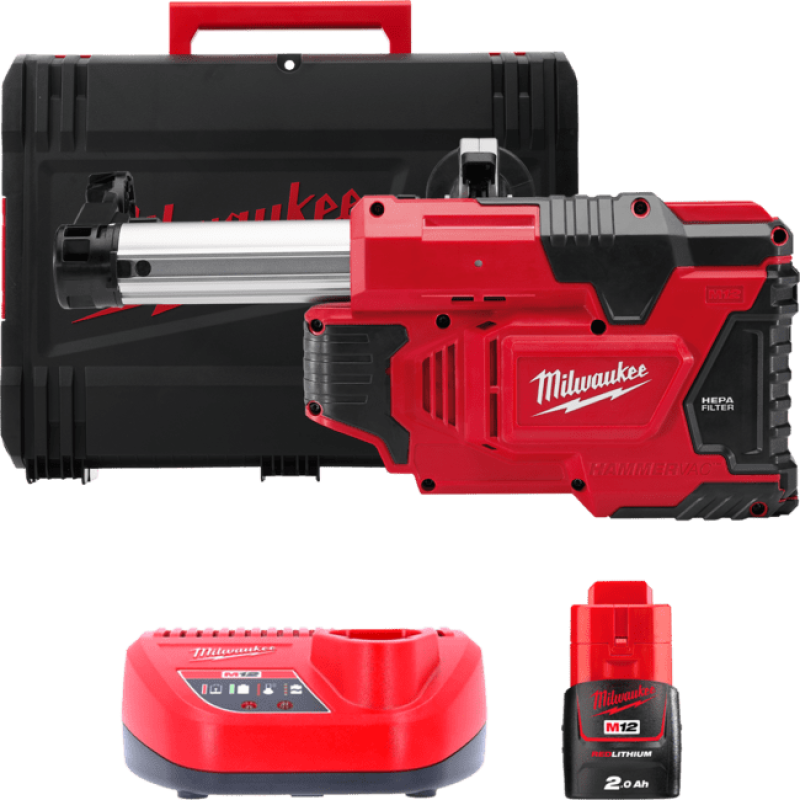 Купити Система видалення пилу для перфораторів акумуляторна MILWAUKEE, M12 DE-201X (зарядний пристрій С12 С, 1 акумулятор М12 В2 2Аг, HDкейс). Офіційний магазин Мілвокі Україна, фірмова гарантія з доставкою по Украіні