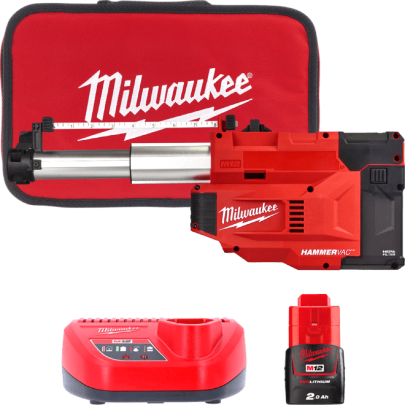 Купити Система видалення пилу для перфораторів акумуляторна MILWAUKEE, M12 UDEL-201B, L-клас (зарядний пристрій С12 С, 1 акумулятор М12 В2 2Аг, сумка). Офіційний магазин Мілвокі Україна, фірмова гарантія з доставкою по Украіні