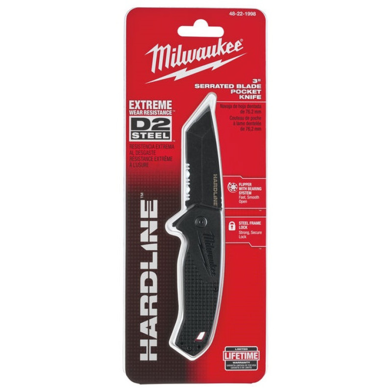 Купити Ніж складний HARDLINE Serrated MILWAUKEE з серейторним лезом 75мм. Офіційний магазин Мілвокі Україна, фірмова гарантія з доставкою по Украіні