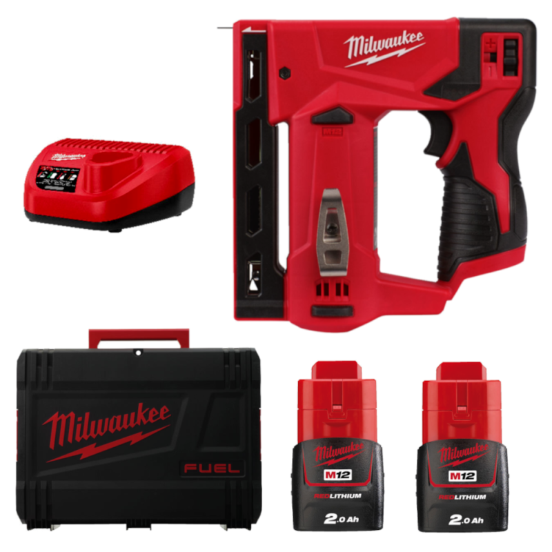 Купити Степлер акумуляторний MILWAUKEE, M12 BST-202X (зарядний пристрій С12 С, 2 акумулятори М12 В2 2Аг, кліпса для ременя, HDкейс). Офіційний магазин Мілвокі Україна, фірмова гарантія з доставкою по Украіні