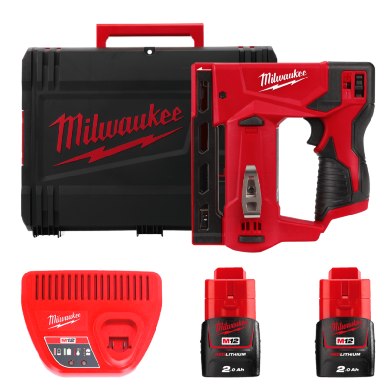 Купити Степлер акумуляторний MILWAUKEE, M12 BST-202X (зарядний пристрій С12 С, 2 акумулятори М12 В2 2Аг, кліпса для ременя, HDкейс). Офіційний магазин Мілвокі Україна, фірмова гарантія з доставкою по Украіні