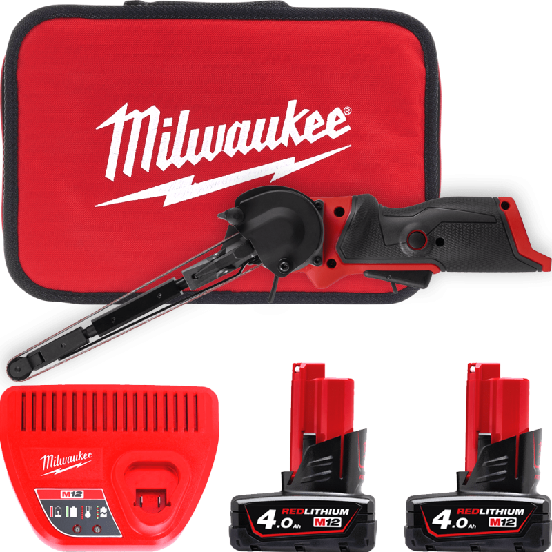 Купити Шліфмашина стрічкова акумуляторна безщіткова MILWAUKEE, M12 FBFL13-402B, 13мм (зарядний пристрій С12 С, 2 акумулятори М12 В4 4Аг, сумка). Офіційний магазин Мілвокі Україна, фірмова гарантія з доставкою по Украіні