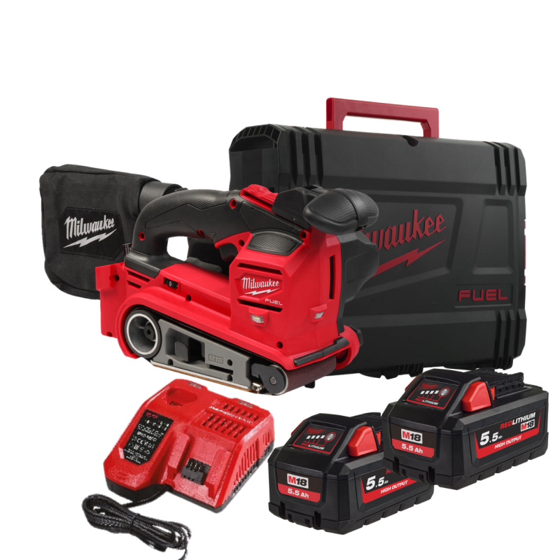 Купити Шліфмашина стрічкова акумуляторна безщіткова MILWAUKEE, M18 FBTS75-552X (зарядний пристрій M12-18 FC., 2 акумулятори М18 HВ5.5 5,5Аг, HDкейс). Офіційний магазин Мілвокі Україна, фірмова гарантія з доставкою по Украіні