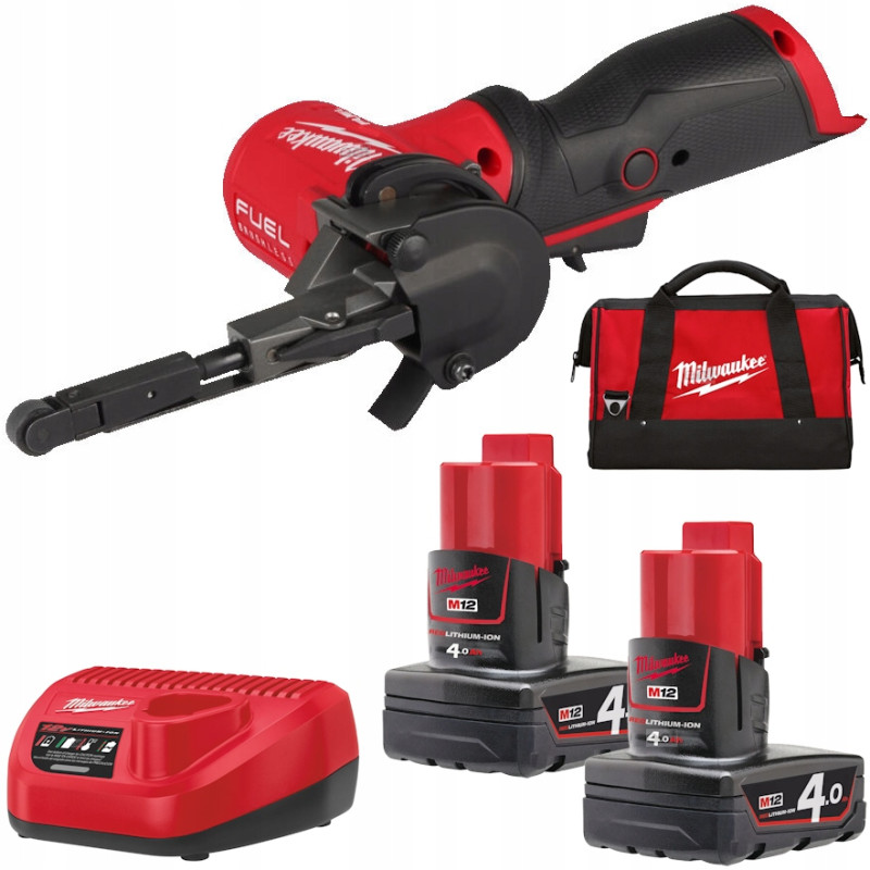 Купити Шліфмашина стрічкова акумуляторна безщіткова MILWAUKEE, M12 FBFL10-402B, 10мм (зарядний пристрій С12 С, 2 акумулятори М12 В4 4Аг, 2 стрічки 60, сумка). Офіційний магазин Мілвокі Україна, фірмова гарантія з доставкою по Украіні