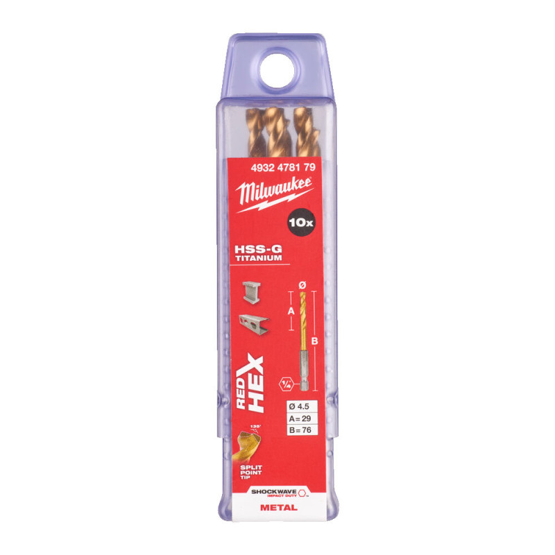 Купити Свердло по металу RedHEX SHOCKWAVE HSS-TiN MILWAUKEE, діаметр 4,5х76х29мм, (10шт), пластикова коробка. Офіційний магазин Мілвокі Україна, фірмова гарантія з доставкою по Украіні