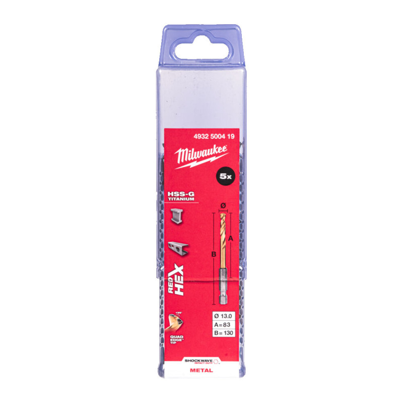 Купити Свердло по металу RedHEX SHOCKWAVE HSS-TiN MILWAUKEE, діаметр 13,0х130х83мм, (5шт), пластикова коробка. Офіційний магазин Мілвокі Україна, фірмова гарантія з доставкою по Украіні