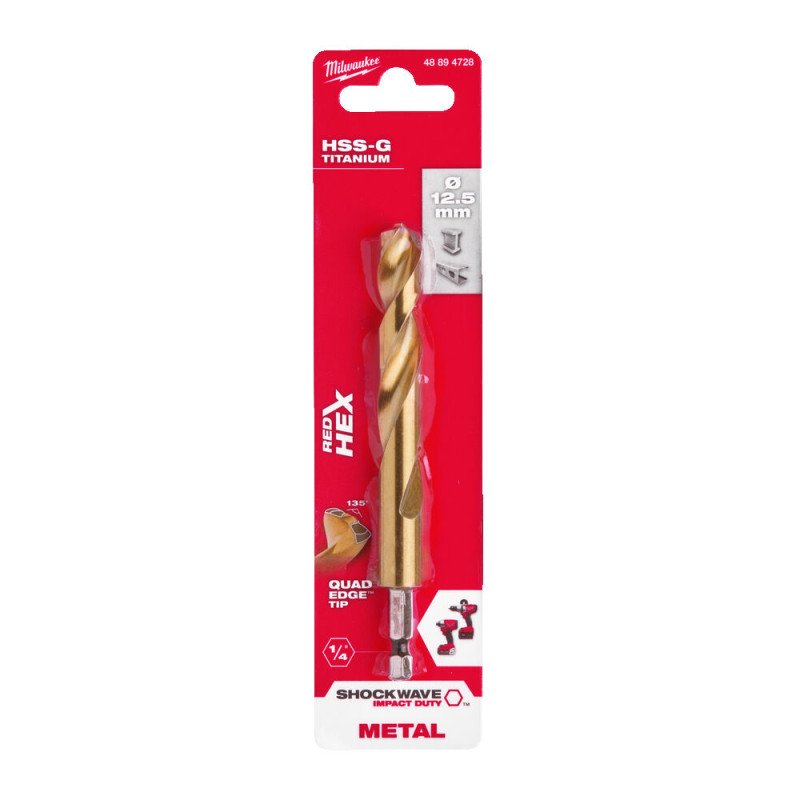 Купити Свердло по металу RedHEX SHOCKWAVE HSS-TiN MILWAUKEE, діаметр 12,5х128х83мм. Офіційний магазин Мілвокі Україна, фірмова гарантія з доставкою по Украіні