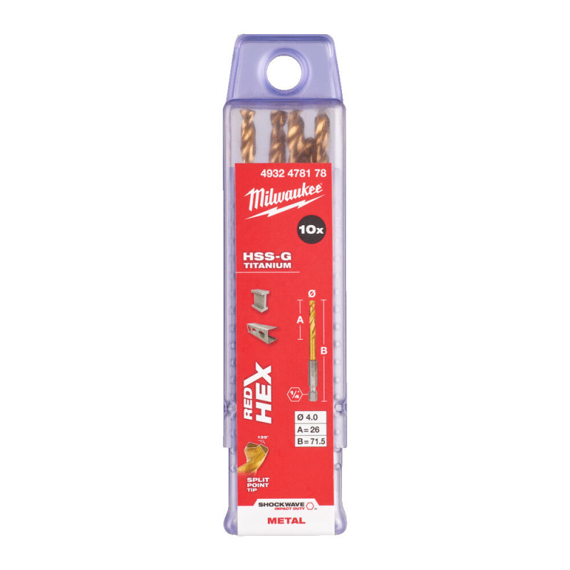 Купити Свердло по металу RedHEX SHOCKWAVE HSS-TiN MILWAUKEE, діаметр 4,0х71,5х26мм, (10шт), пластикова коробка. Офіційний магазин Мілвокі Україна, фірмова гарантія з доставкою по Украіні
