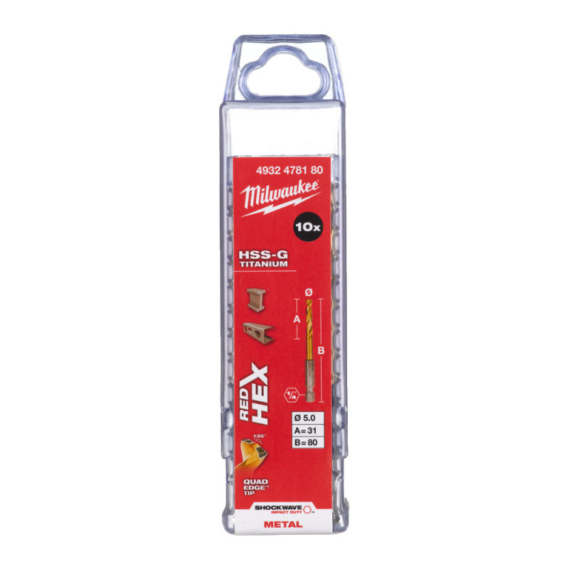 Купити Свердло по металу RedHEX SHOCKWAVE HSS-TiN MILWAUKEE, діаметр 5,0х80х31мм (10шт), пластикова коробка. Офіційний магазин Мілвокі Україна, фірмова гарантія з доставкою по Украіні