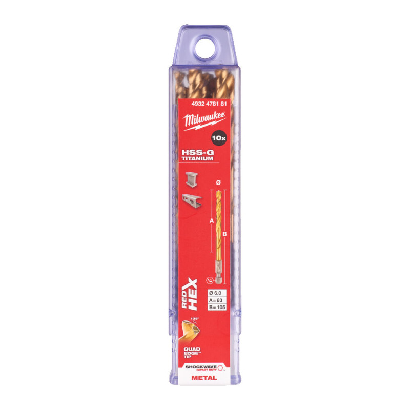 Купити Свердло по металу RedHEX SHOCKWAVE HSS-TiN MILWAUKEE, діаметр 6,0х105х63мм, (10шт), пластикова коробка. Офіційний магазин Мілвокі Україна, фірмова гарантія з доставкою по Украіні