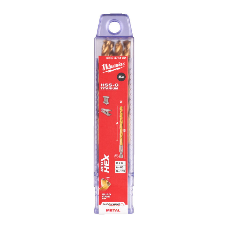Купити Свердло по металу RedHEX SHOCKWAVE HSS-TiN MILWAUKEE, діаметр 7,0х109х66мм, (5шт), пластикова коробка. Офіційний магазин Мілвокі Україна, фірмова гарантія з доставкою по Украіні