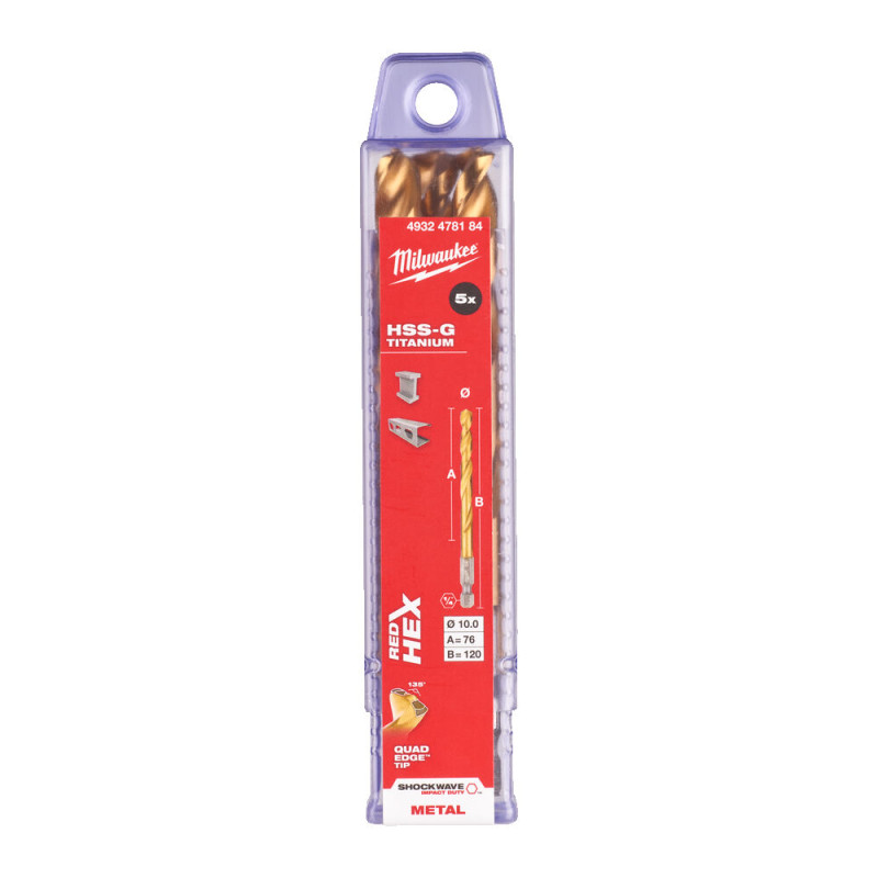Купити Свердло по металу RedHEX SHOCKWAVE HSS-TiN MILWAUKEE, діаметр 10,0х120х76мм, (5шт), пластикова коробка. Офіційний магазин Мілвокі Україна, фірмова гарантія з доставкою по Украіні