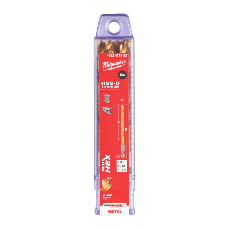 Купити Свердло по металу RedHEX SHOCKWAVE HSS-TiN MILWAUKEE, діаметр 8,0х111х70мм, (5шт), пластикова коробка. Офіційний магазин Мілвокі Україна, фірмова гарантія з доставкою по Украіні