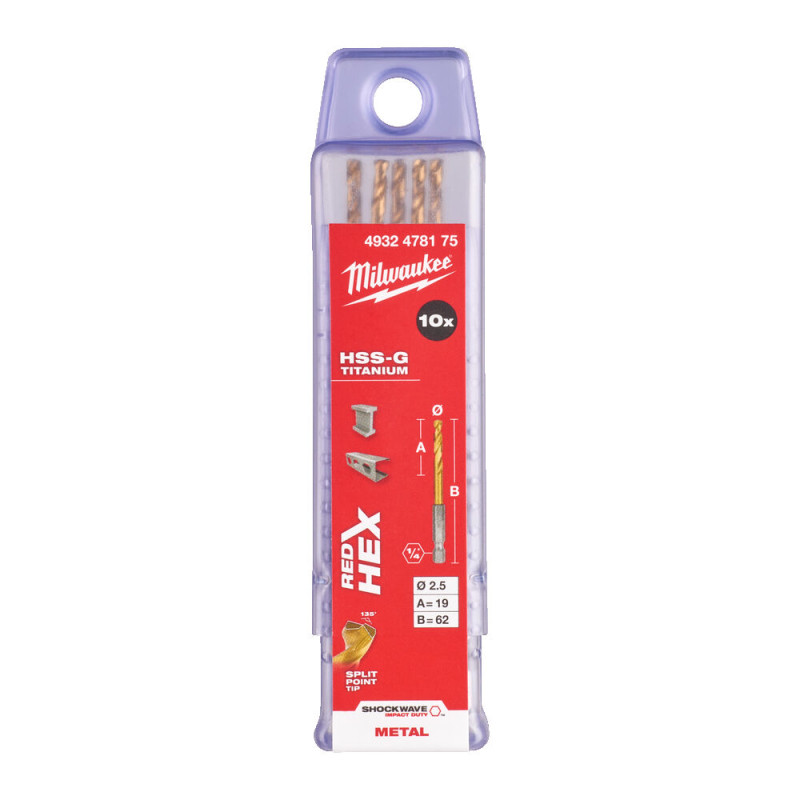 Купити Свердло по металу RedHEX SHOCKWAVE HSS-TiN MILWAUKEE, діаметр 2,5х62х19мм, (10шт), пластикова коробка. Офіційний магазин Мілвокі Україна, фірмова гарантія з доставкою по Украіні