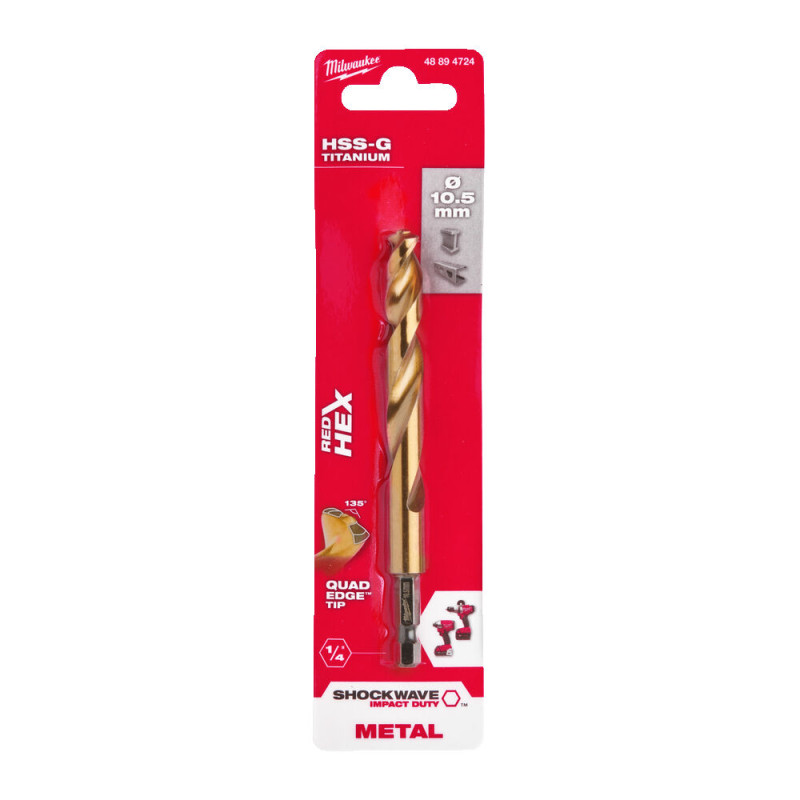 Купити Свердло по металу RedHEX SHOCKWAVE HSS-TiN MILWAUKEE, діаметр 10,5х122х78мм. Офіційний магазин Мілвокі Україна, фірмова гарантія з доставкою по Украіні