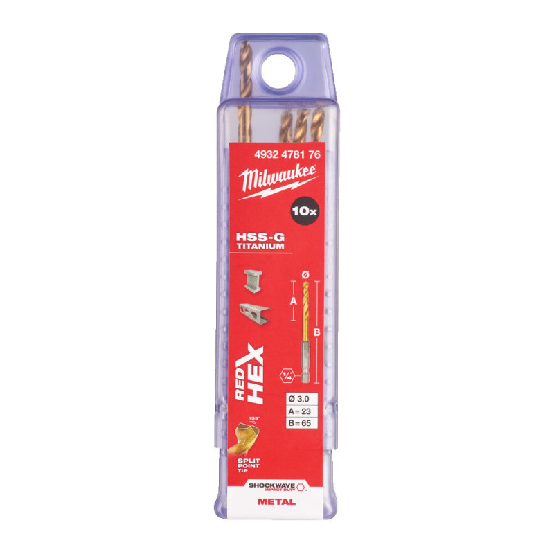 Купити Свердло по металу RedHEX SHOCKWAVE HSS-TiN MILWAUKEE, діаметр 3,0х65х23мм, (10шт), пластикова коробка. Офіційний магазин Мілвокі Україна, фірмова гарантія з доставкою по Украіні