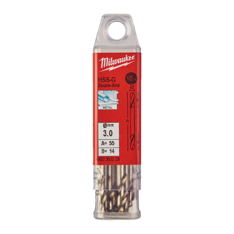 Купити Свердло по металу HSS-G MILWAUKEE, DIN 1412 C, діаметр 3,0х46х11мм, двостороннє, (10шт), пластикова коробка. Офіційний магазин Мілвокі Україна, фірмова гарантія з доставкою по Украіні