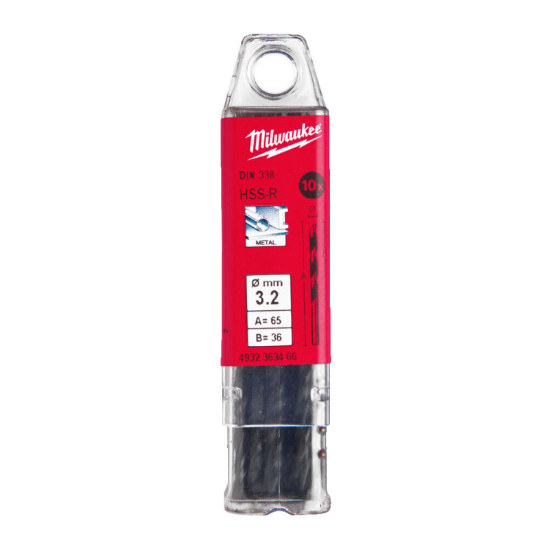 Купити Свердло по металу HSS-R MILWAUKEE DIN338, діаметр 3,2х65х36мм, (10шт), пластикова коробка. Офіційний магазин Мілвокі Україна, фірмова гарантія з доставкою по Украіні