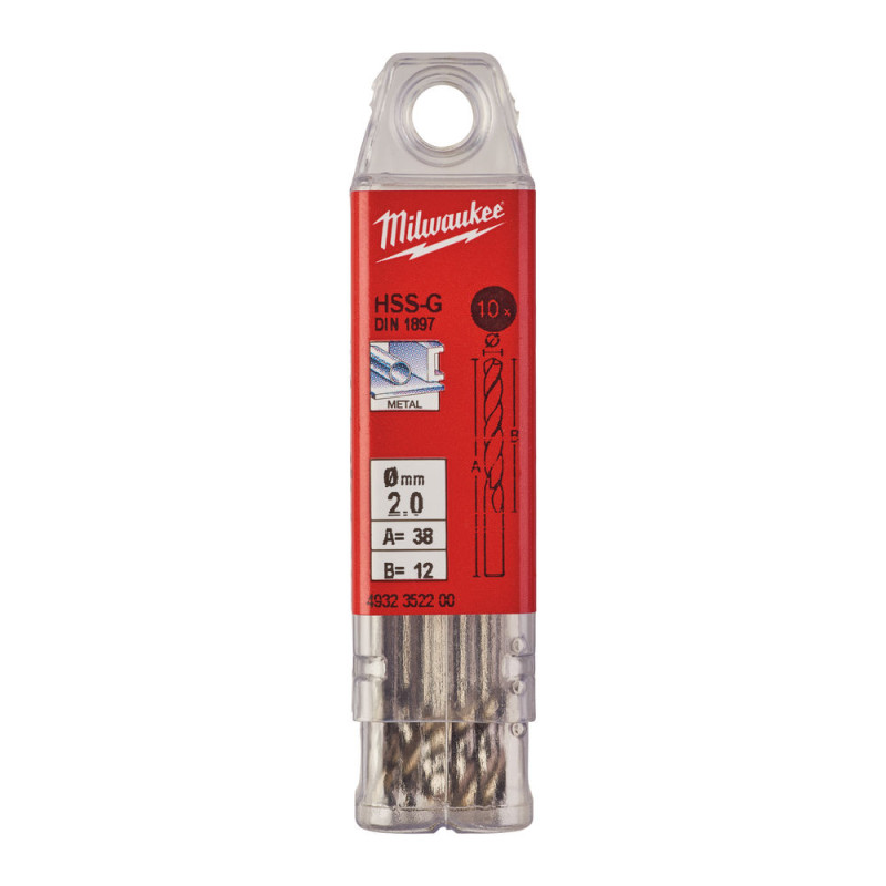 Купити Свердло по металу HSS-G MILWAUKEE DIN1897, діаметр 2,0х38х10мм, скорочене, (10шт), пластикова коробка. Офіційний магазин Мілвокі Україна, фірмова гарантія з доставкою по Украіні