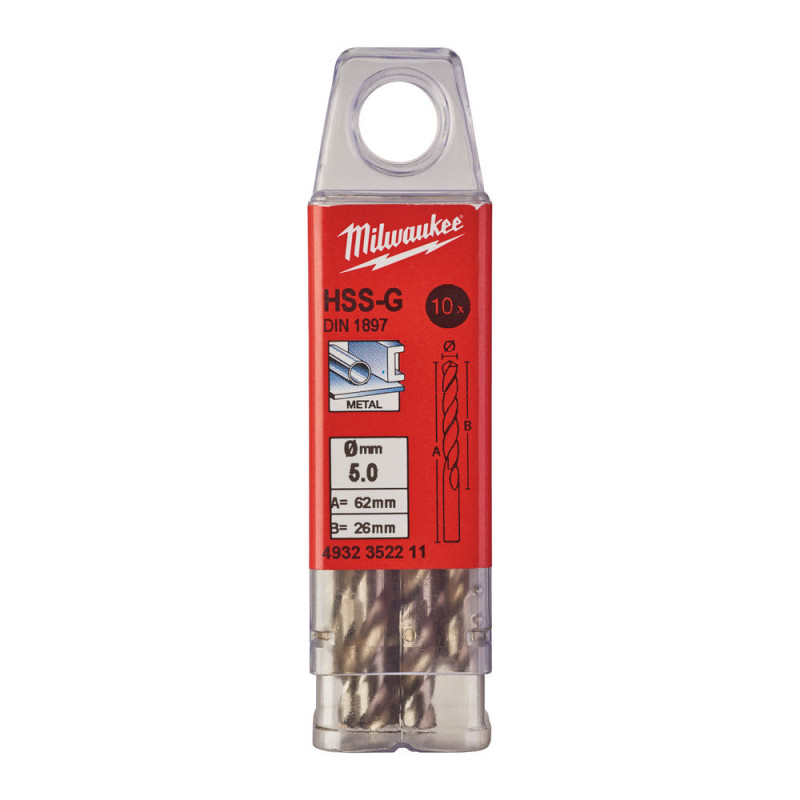 Купити Свердло по металу HSS-G MILWAUKEE DIN1897, діаметр 5,0х62х26мм, скорочене, (10шт), пластикова коробка. Офіційний магазин Мілвокі Україна, фірмова гарантія з доставкою по Украіні