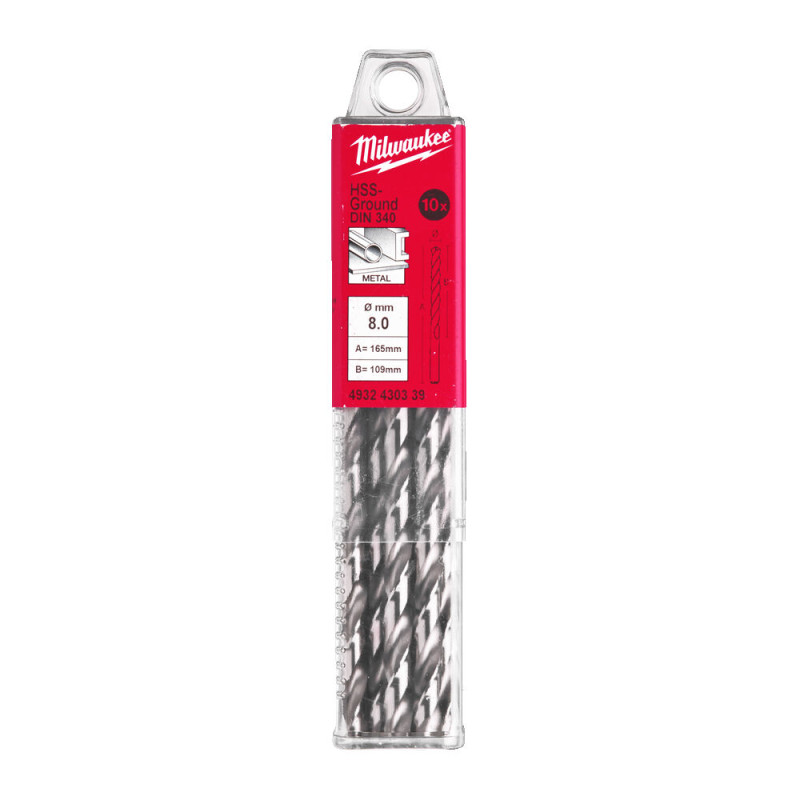 Купити Свердло по металу HSS-G MILWAUKEE DIN340, діаметр 8,0х165х109мм, подовжене, (10шт), пластикова коробка. Офіційний магазин Мілвокі Україна, фірмова гарантія з доставкою по Украіні