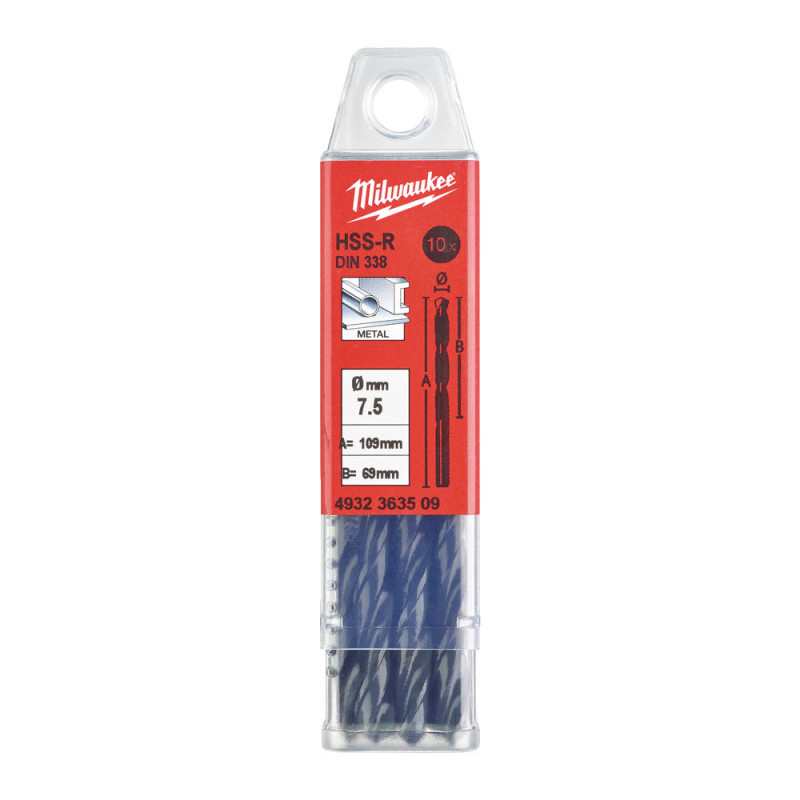 Купити Свердло по металу HSS-R MILWAUKEE DIN338, діаметр 7,5х109х69мм, (10шт), пластикова коробка. Офіційний магазин Мілвокі Україна, фірмова гарантія з доставкою по Украіні