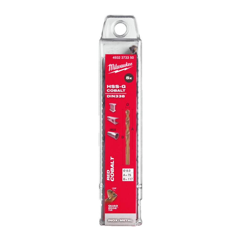 Купити Свердло по металу HSS-Co MILWAUKEE DIN338, діаметр 8,0х117х75мм, (5шт), пластикова коробка. Офіційний магазин Мілвокі Україна, фірмова гарантія з доставкою по Украіні