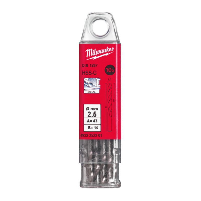 Купити Свердло по металу HSS-G MILWAUKEE DIN1897, діаметр 2,5х43х14мм, скорочене, (10шт), пластикова коробка. Офіційний магазин Мілвокі Україна, фірмова гарантія з доставкою по Украіні
