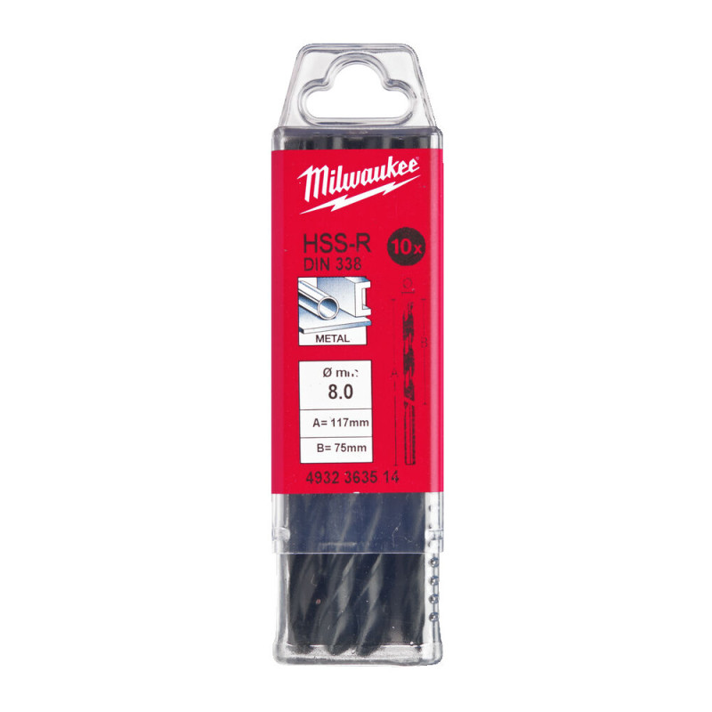 Купити Свердло по металу HSS-R MILWAUKEE DIN338, діаметр 8,0х117х75мм, (10шт), пластикова коробка. Офіційний магазин Мілвокі Україна, фірмова гарантія з доставкою по Украіні