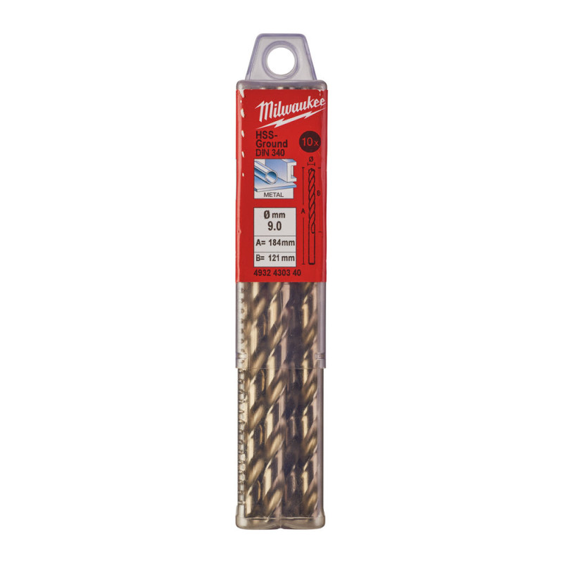 Купити Свердло по металу HSS-G MILWAUKEE DIN340, діаметр 9,0x175х115мм, подовжене, (10шт), пластикова коробка. Офіційний магазин Мілвокі Україна, фірмова гарантія з доставкою по Украіні