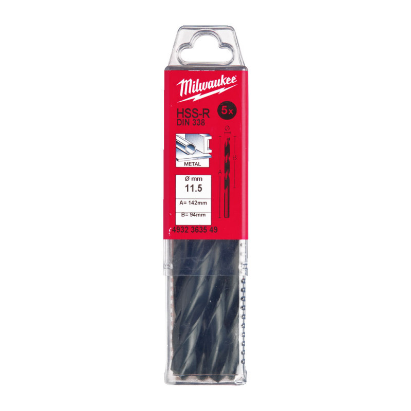 Купити Свердло по металу HSS-R MILWAUKEE DIN338, діаметр 11,5х142х94мм, (5шт), пластикова коробка. Офіційний магазин Мілвокі Україна, фірмова гарантія з доставкою по Украіні
