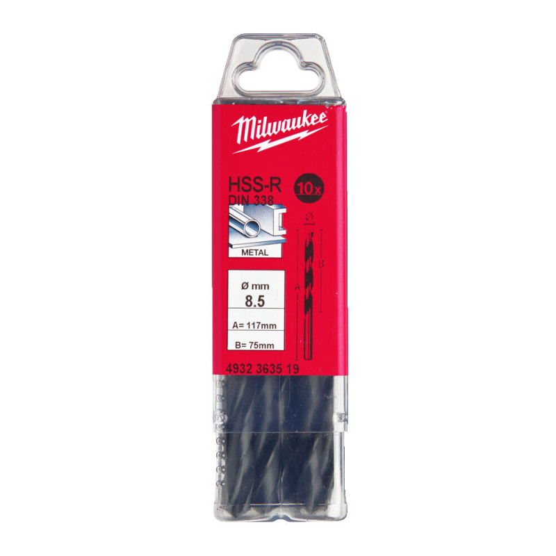 Купити Свердло по металу HSS-R MILWAUKEE DIN338, діаметр 8,5х117х75мм, (10шт), пластикова коробка. Офіційний магазин Мілвокі Україна, фірмова гарантія з доставкою по Украіні
